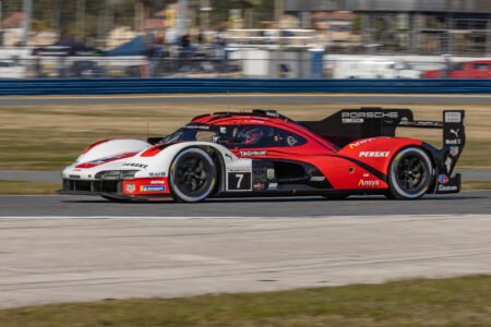 7 Penske Motorsports Porsche Entering the West Horseshoe at Daytona International Speedway - 2025