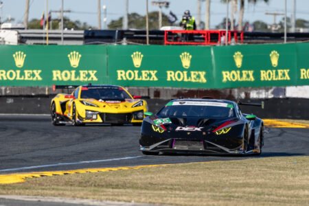 45 Wayne Taylor Racing Lamborghini and 4 Pratt Miller Motorsports Corvette Exiting the International Horseshoe at Daytona International Speedway - 2026