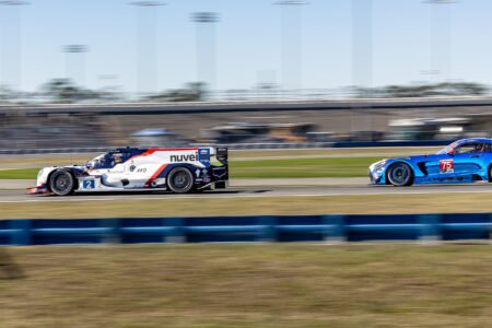 2 United Autosport LMP2 and 75 Express Mercedes Heading Toward the West Horseshoe at Daytona International Speedway - 2026