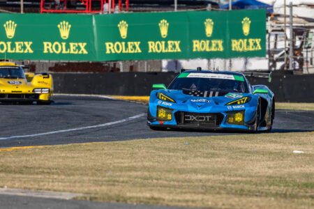 36 DXDT Racing Corvette Exiting the International Horseshoe at Daytona International Speedway - 2026