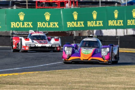 52 Bryan Herta Autosport LMP2 and 6 Penske Motorsports Porsche Exiting the International Horseshoe at Daytona International Speedway - 2026